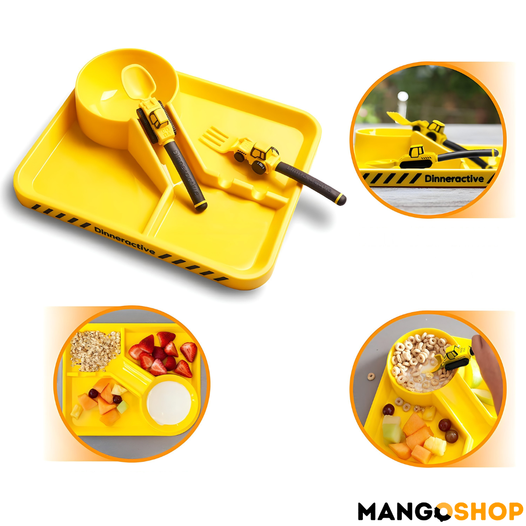 Zabavni dečiji set za jelo – tanjir sa pregradama , viljuška i kašika kao traktor i bager