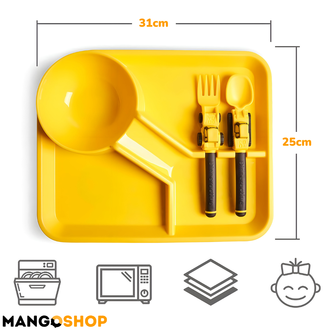 Zabavni dečiji set za jelo – tanjir sa pregradama , viljuška i kašika kao traktor i bager
