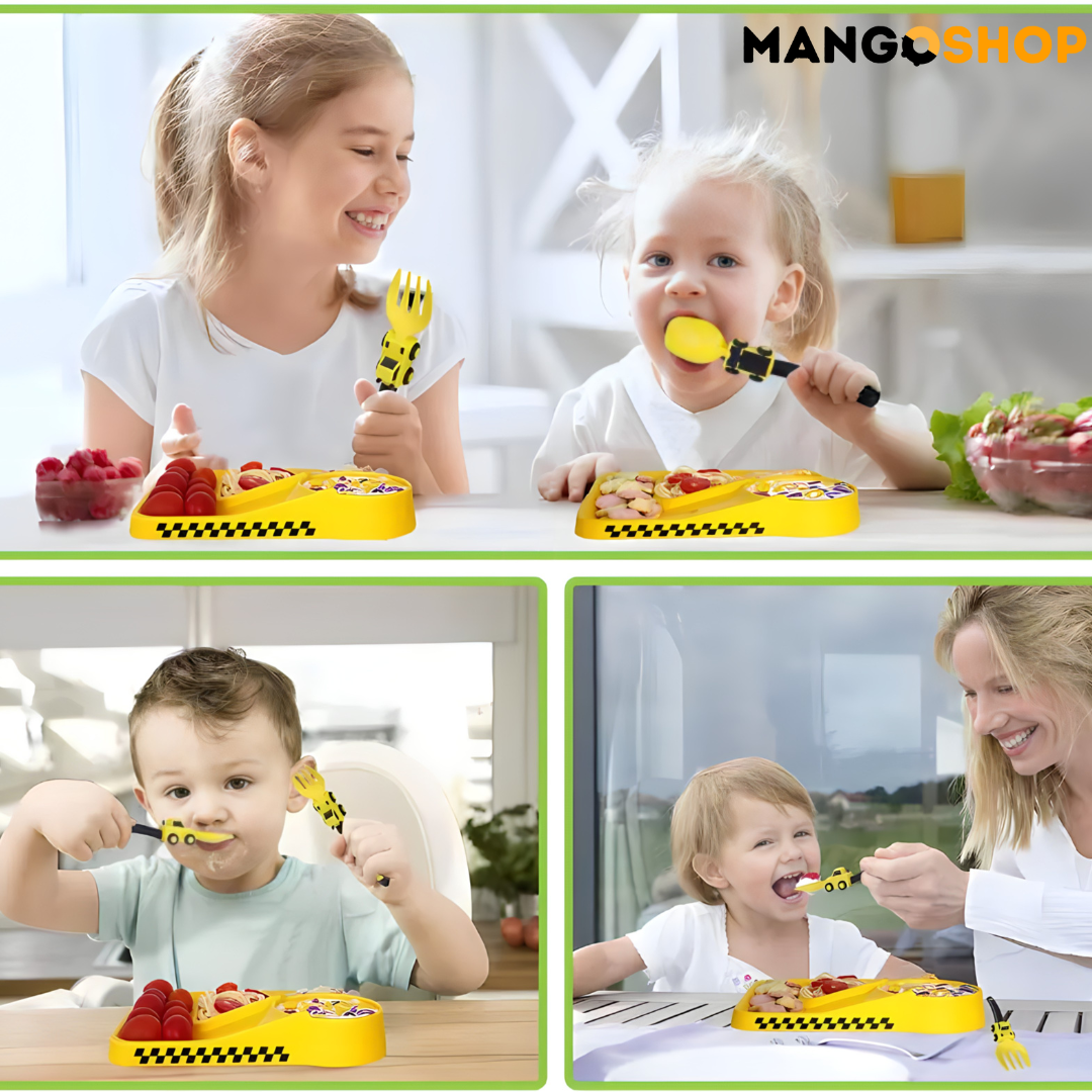 Zabavni dečiji set za jelo – tanjir sa pregradama , viljuška i kašika kao traktor i bager