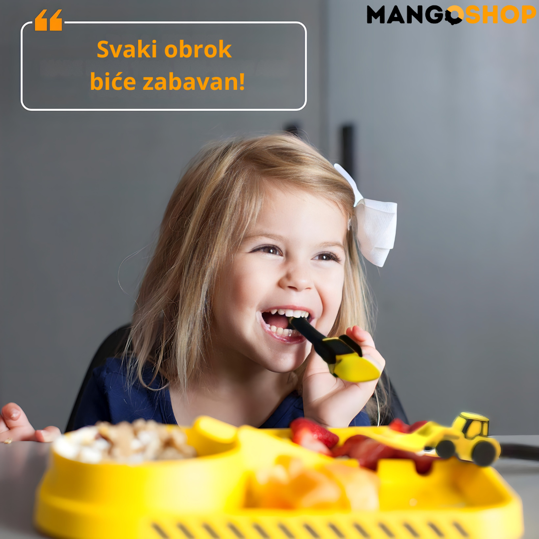 Zabavni dečiji set za jelo – tanjir sa pregradama , viljuška i kašika kao traktor i bager