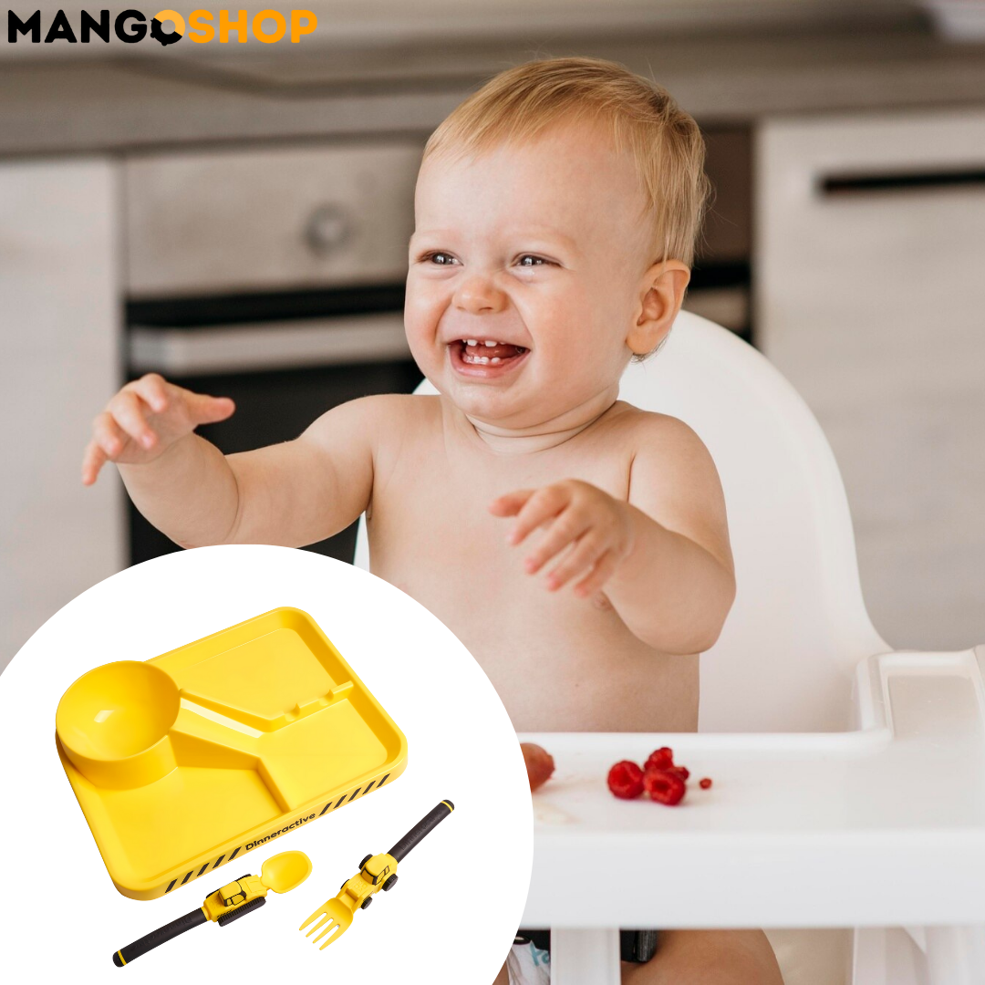 Zabavni dečiji set za jelo – tanjir sa pregradama , viljuška i kašika kao traktor i bager