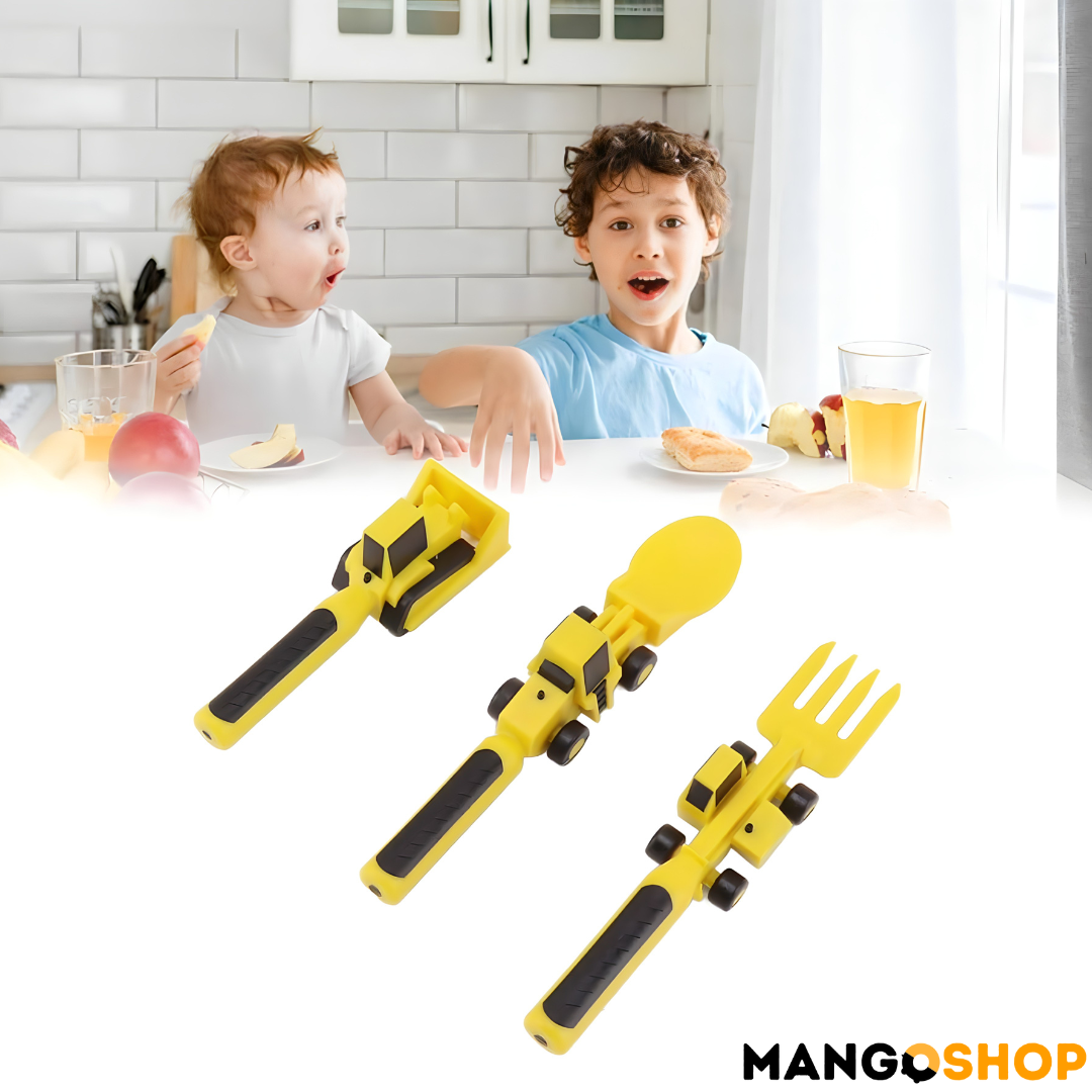 Zabavni dečiji set za jelo – tanjir sa pregradama , viljuška i kašika kao traktor i bager