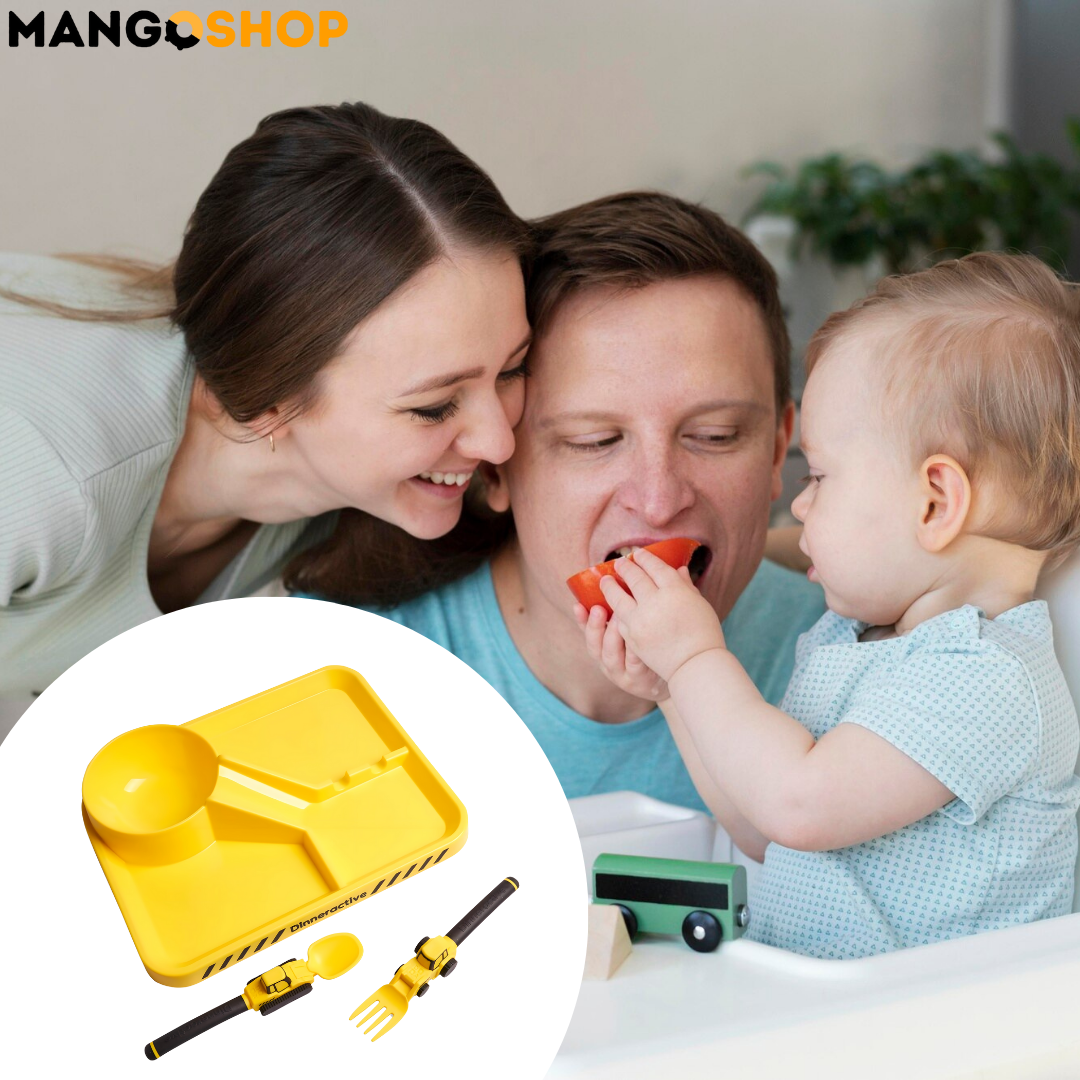 Zabavni dečiji set za jelo – tanjir sa pregradama , viljuška i kašika kao traktor i bager