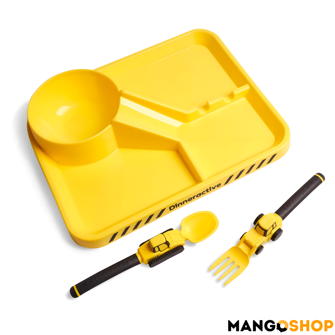 Zabavni dečiji set za jelo – tanjir sa pregradama , viljuška i kašika kao traktor i bager